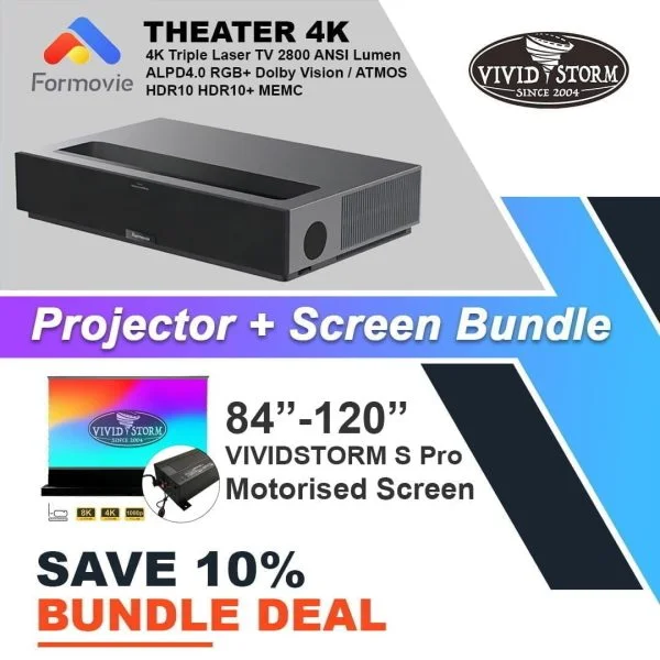 Formovie Theater 4K Triple Laser Projector 2800 ANSI Lumens + VIVIDSTORM Screen Bundle Deal