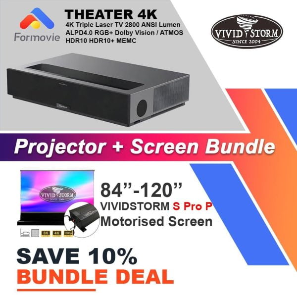 Formovie Theater 4K Triple Laser Projector 2800 ANSI Lumens + VIVIDSTORM Sound Perforated Screen Bundle Deal