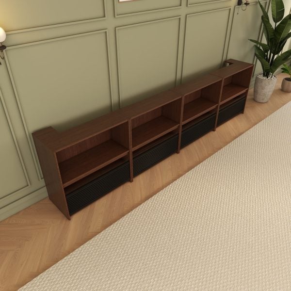 VIVIDSTORM Nexus Motorised Projector Screen Cabinet - angled view of the walnut cabinet
