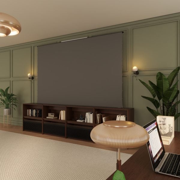 VIVIDSTORM Nexus Motorised Projector Screen Cabinet - screen raised in a home office